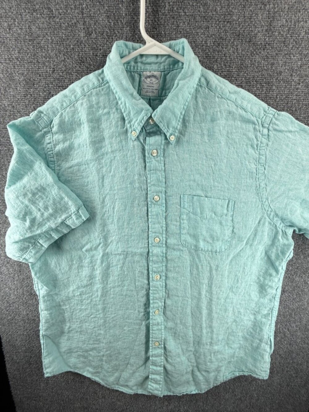 Brooks Brothers Button-Down Regent XL Short Sleeve Linen Blue Office Shirt Men